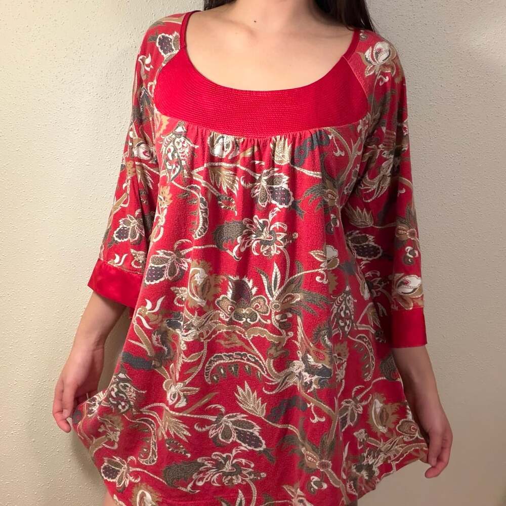 Old Navy Maternity Top Size M Red Floral Boho Tunic Tie Back